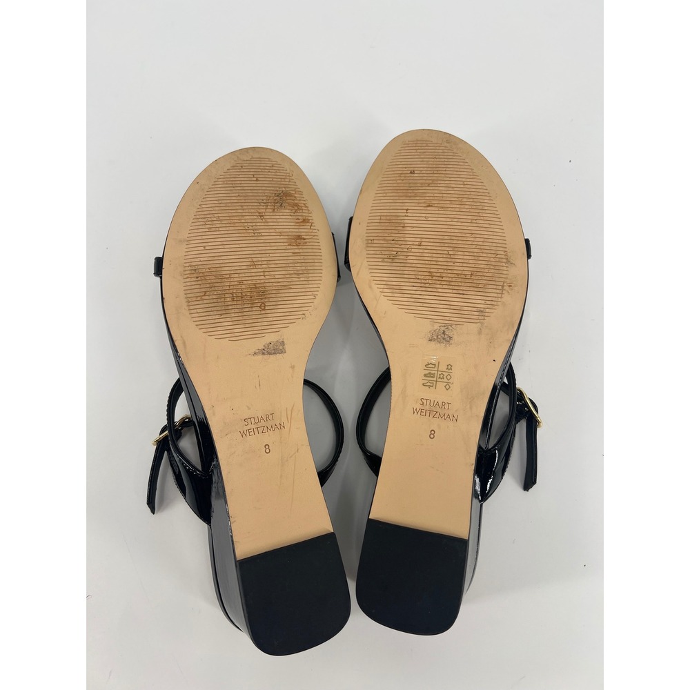 Stuart Weitzman Black Patent Leather Strappy Wedge Sandals Gold Buckle Size 8 - Picture 7 of 8